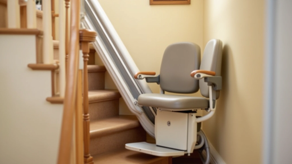 Curved stair lift navigating around landing on residential staircase with turning point