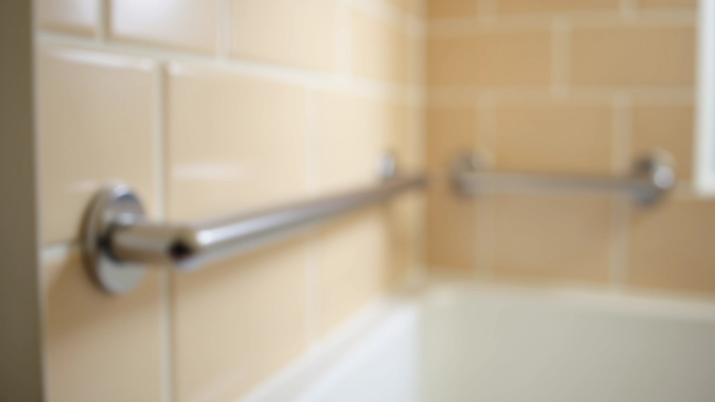 Bathroom with installed grab bars near toilet and shower area for safety and accessibility