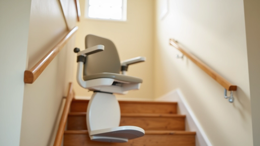 Residential staircase with stair lift chair installed on side, showing mobility solution for aging in place