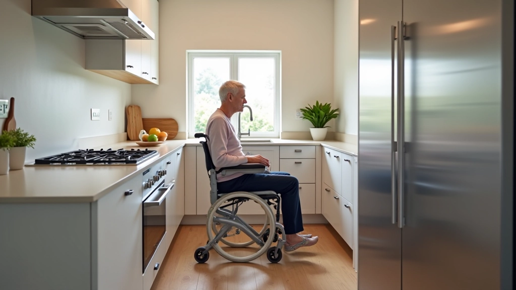 Modern kitchen with accessible design featuring lowered counters and organized storage for aging in place