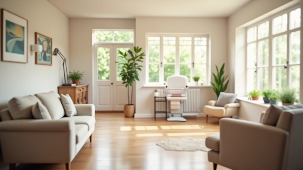 Living room view showing accessible home design with stair lift chair and furniture arrangement for mobility