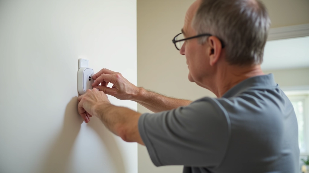 Person installing a motion sensor on a wall using a mounting bracket and screwdriver