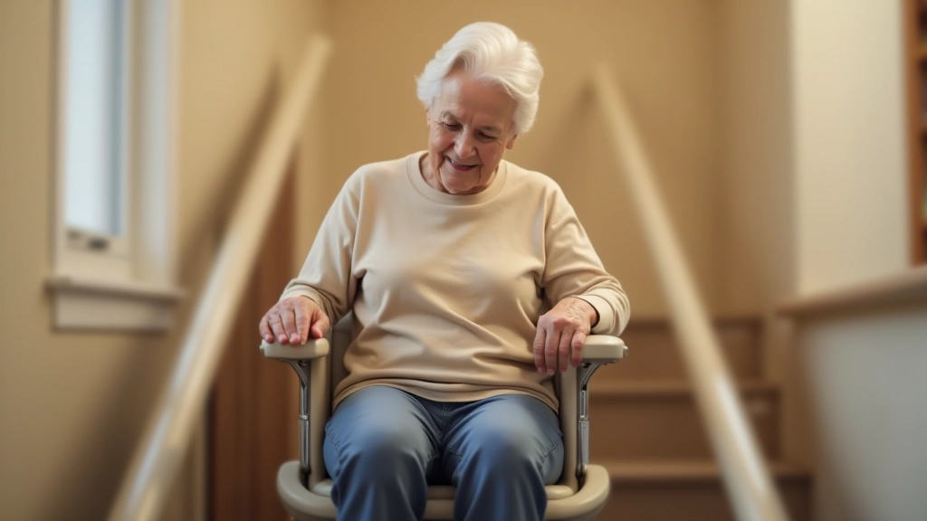 Senior person using stair lift chair to safely navigate stairs, demonstrating accessible home mobility solution