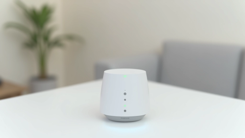 Close-up view of smart home hub device with LED indicators and connection status displayed